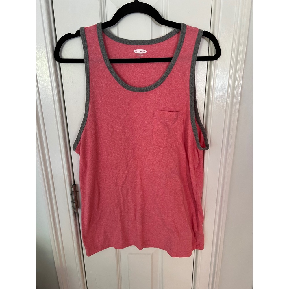 Old Navy Soft-Washed Pocket Tank Top Pink Gray Trim Medium Sleeveless Ringer